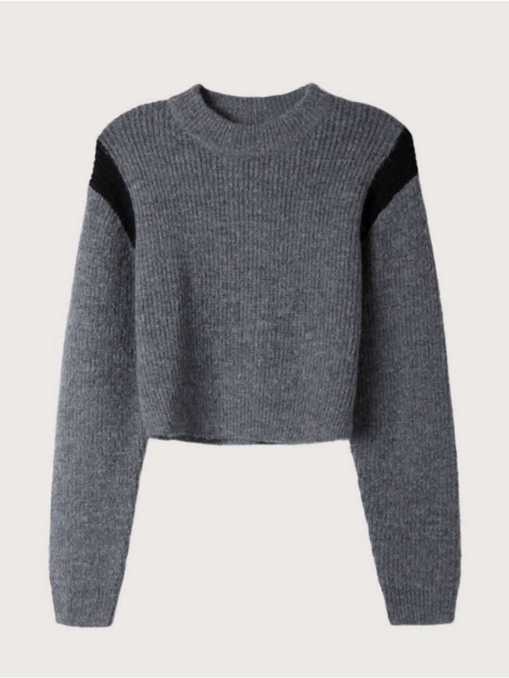 OAK + FORT Heather Gray Cropped Crewneck Sweater with Black Shoulder Accents